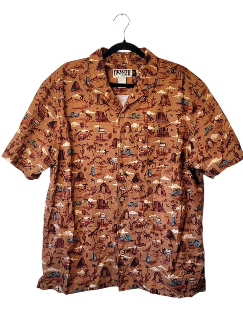 Duluth Trading Co Brown Short-Sleeve Dino Printed Camp Shirt Size L